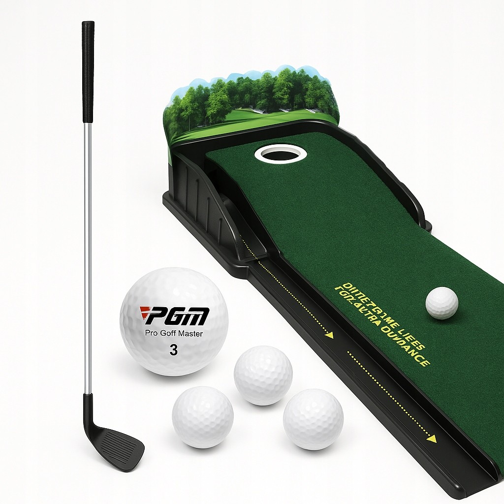 Sada: podložka na minigolf, putter, 3x loptičky, putting green